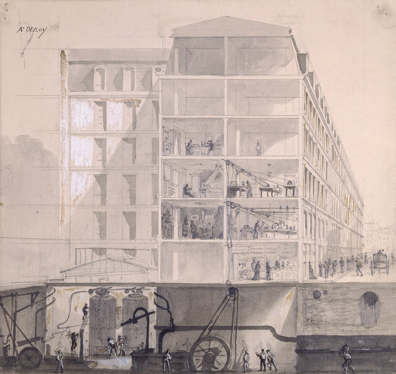 A párizsi XI. kerületben lakó munkások keresztmetszete, 1875 körül (toll, tinta és gouache papíron) alkotó: Auguste Victor Deroy