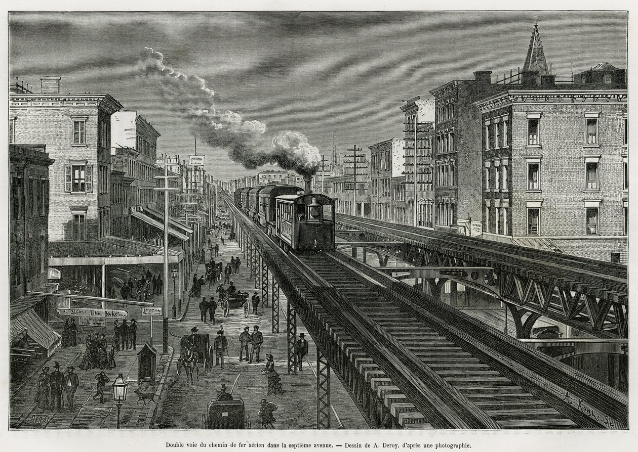 A légitársaság kettős vágánya a Seventh Avenue-n, New York, New York. Edouard de Laveleye, 1878-1879, megjelent a Tour du monde-ban, Edouard Charton (1807-1890) irányításával alkotó: Auguste Victor Deroy