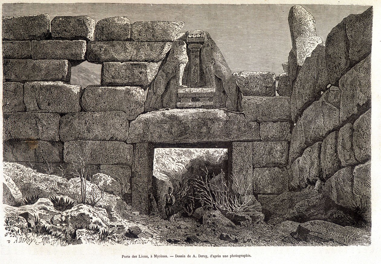 Oroszlánok kapuja Mükénében – A. Deroy rajza, „A világ körül” című filmben, 1877 2. félév alkotó: Auguste Victor Deroy