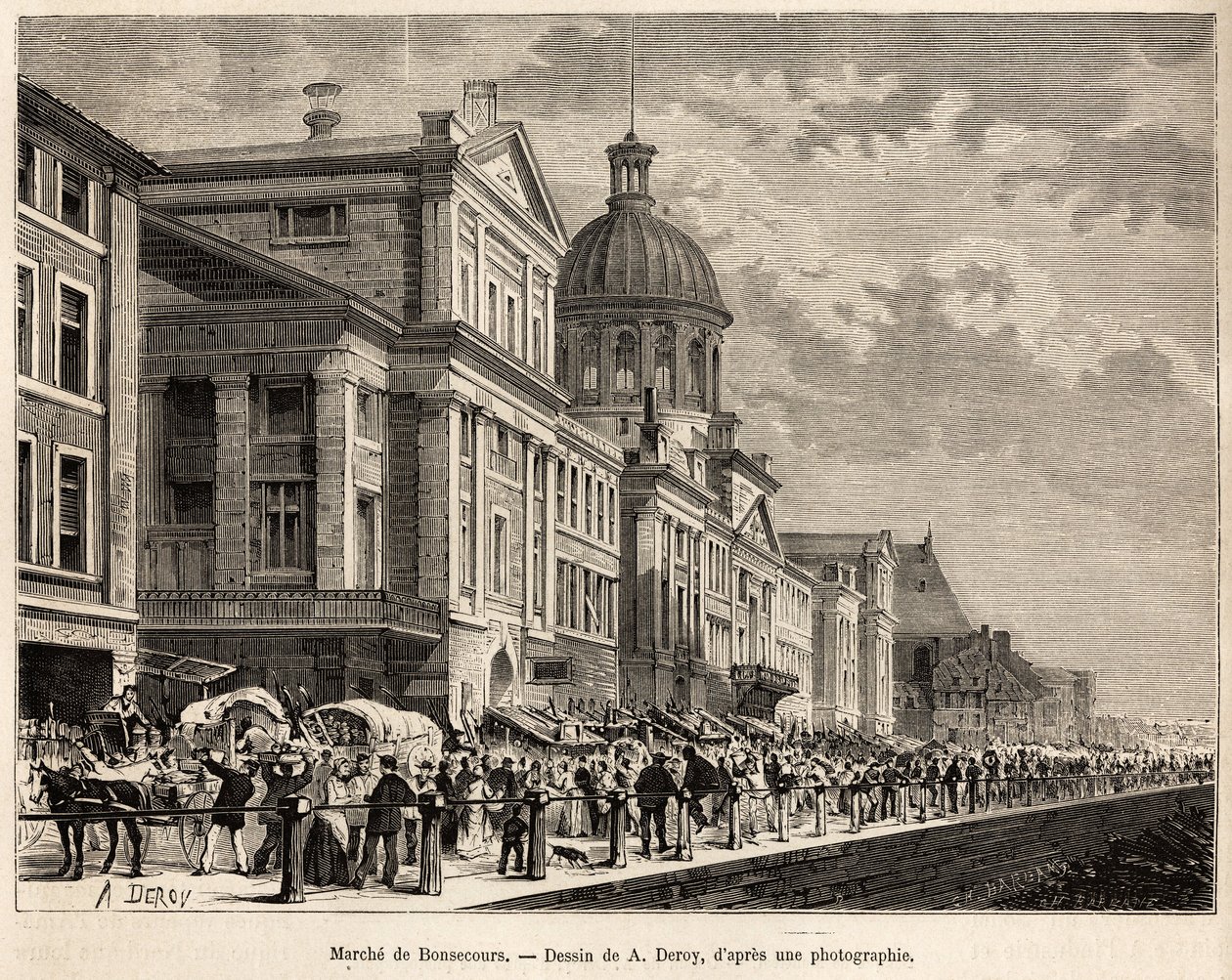 Le marche de Bonsecours, Montreal turisztikai és kulturális központja, amelyet A.Deroy rajza nyomán vésett, amely a kanadai és a Riviere Rouge du nord kirándulást illusztrálja, H. De Lamotte 1873-ban, megjelent a „Le tour du”-ban. monde””” 1875, Edou szerk alkotó: Auguste Victor Deroy