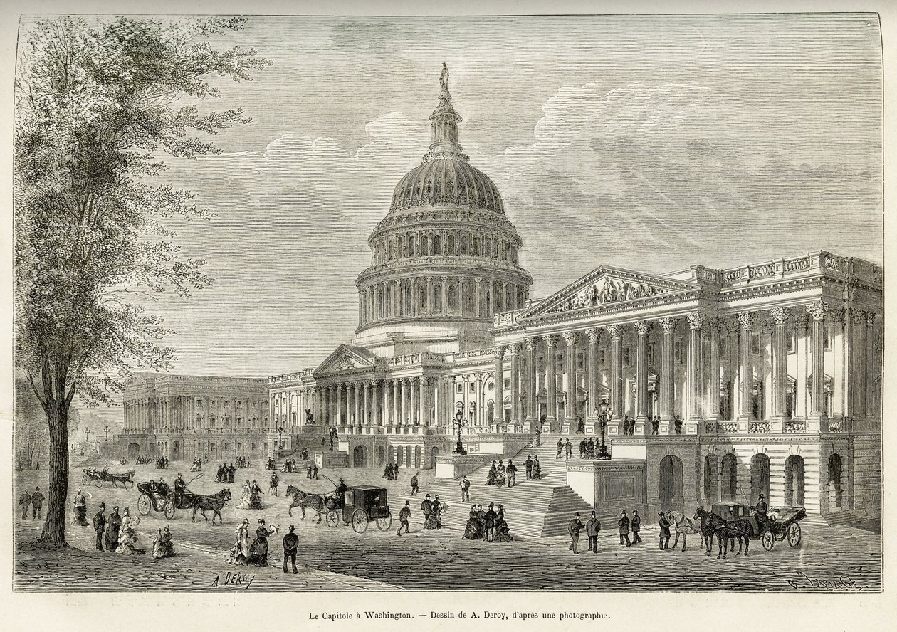 A Capitolium, a törvényhozás székhelye, 1793 és 1830 között épült Washingtonban (District of Columbia), az Egyesült Államok fővárosában. Metszet A.Deroy rajza után, a La conquete blanche című történet illusztrálására, William Hepworth Dixon 1875-ben, p. alkotó: Auguste Victor Deroy