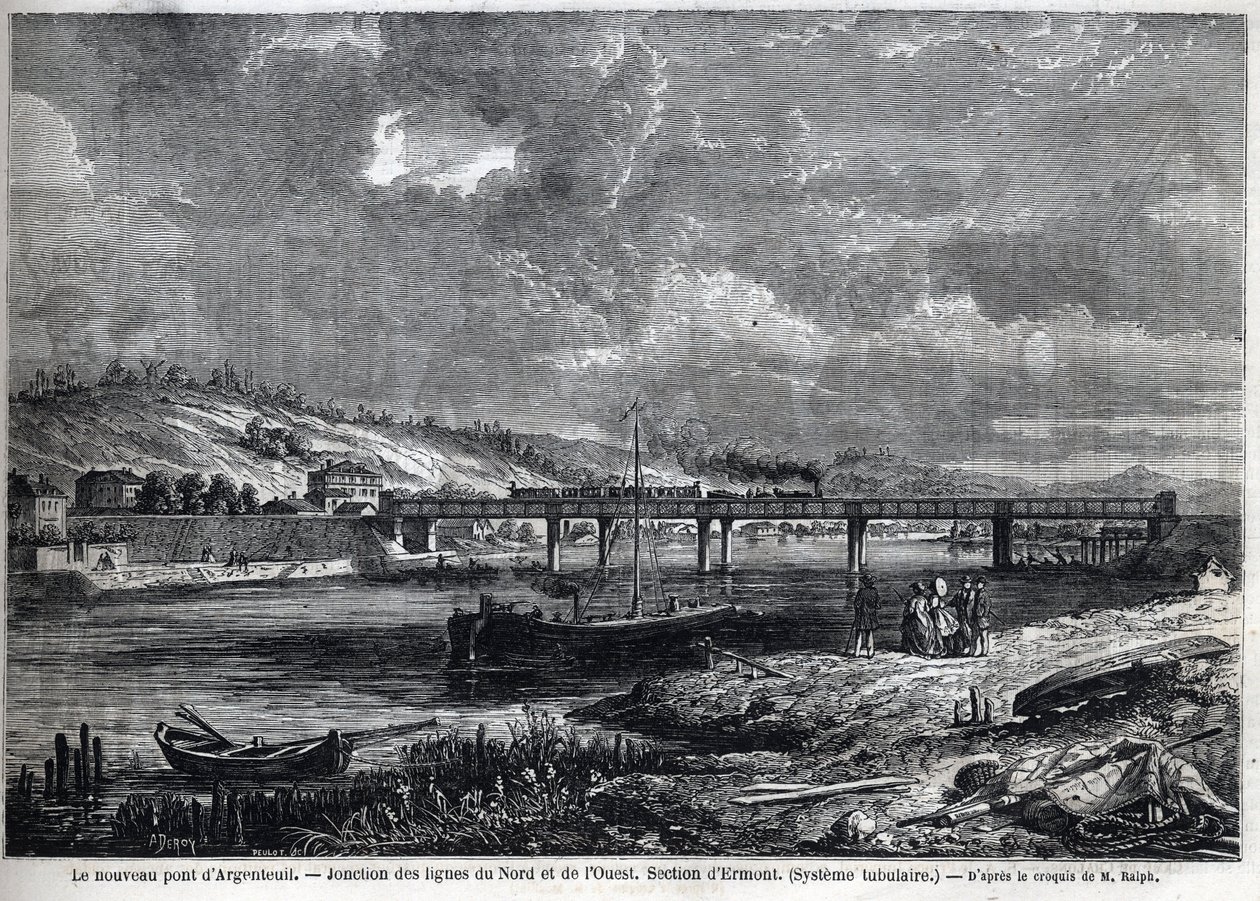 Az új hídon Argenteuil van. Az északi és nyugati vonalak csomópontja. Ermont szakasz (csőrendszerű). Metszet Ralph vázlata után a „” Le Monde illustrious”-ban”, 1863.08.29. Magángyűjtemény. alkotó: Auguste Victor Deroy