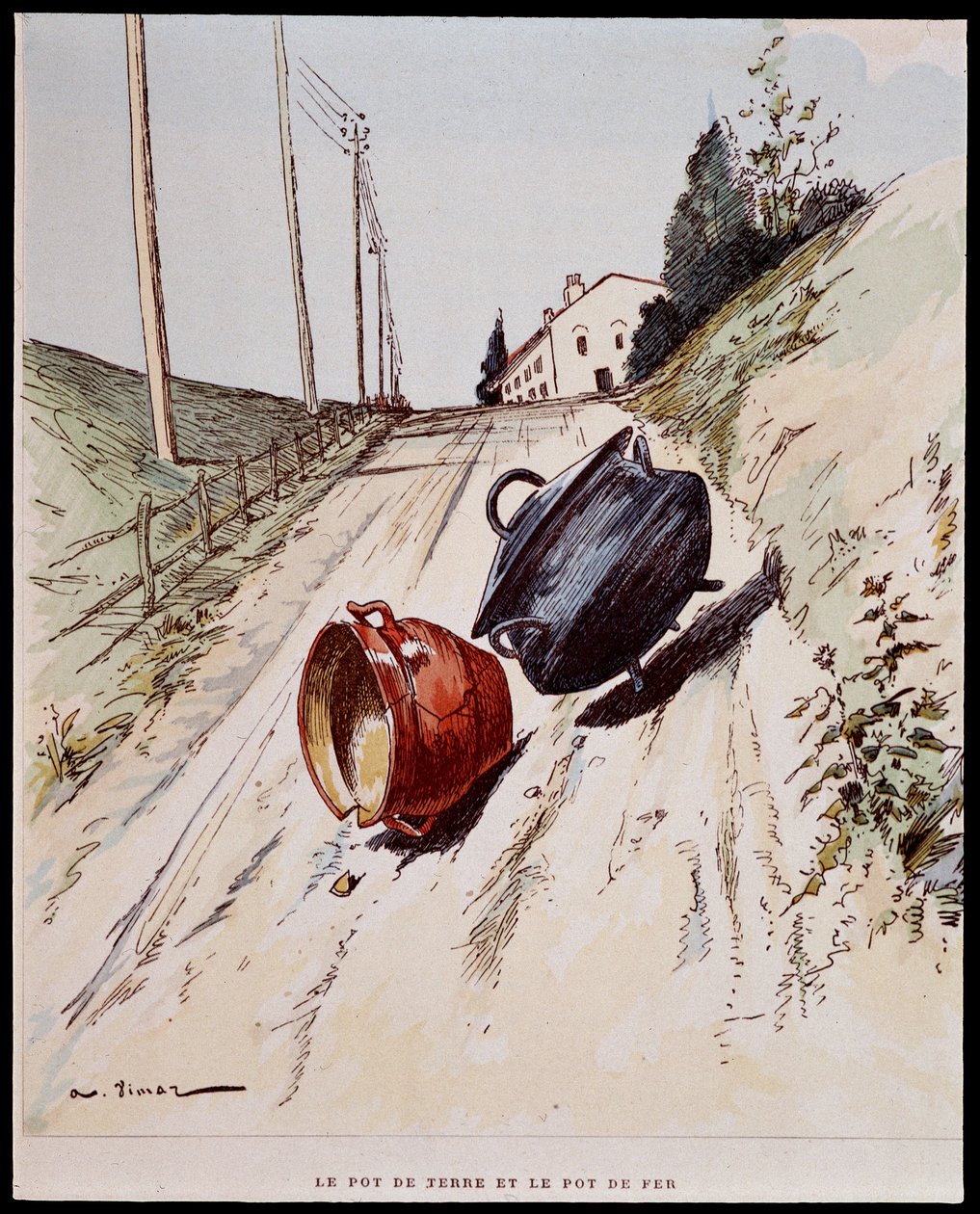 Az agyagedény és a vasedény - a „” Les Fables de La Fontaine” című kötetben, ill. Írta: Auguste Vimar (1851-1916), Tours, A, Mame & Son alkotó: Auguste Vimar