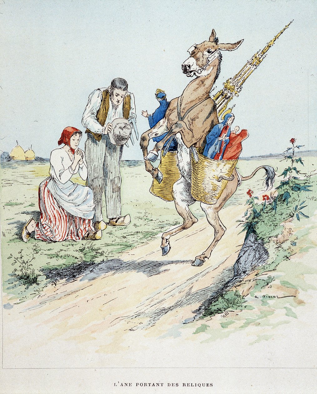 A szamár ereklyéit hordozó „” Fables de La Fontaine, ill. Írta: Auguste Vimar (1851-1916), Tours, A, Mame & Fils alkotó: Auguste Vimar