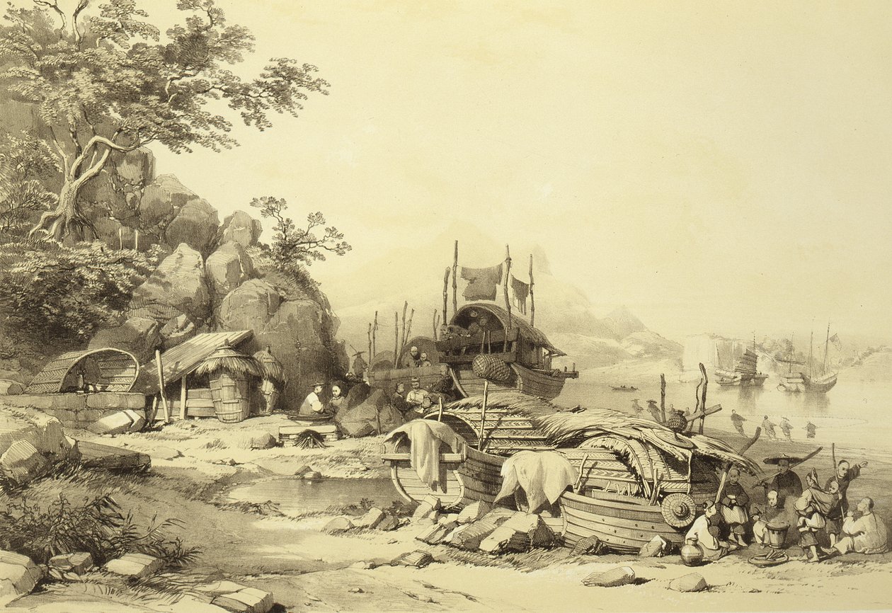 Házihajók a Cowloon-öbölben, 6. tábla a Kínai vázlatokból, Eugene Ciceri (1813-90) metszet, 1842 (színezett litho) alkotó: Auguste after Borget