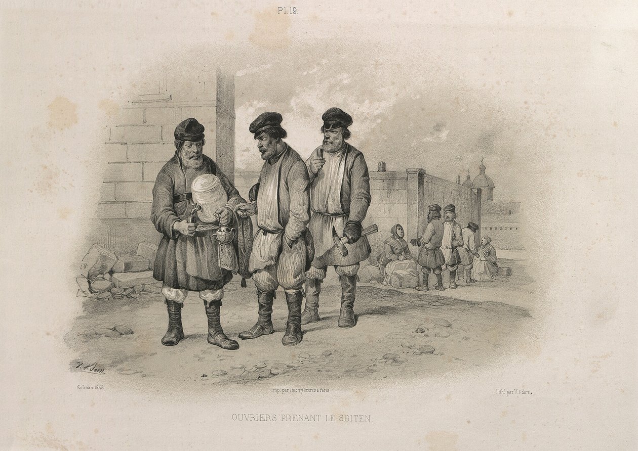Építők isznak Sbitenből: A Szent Izsák-székesegyház építése, 1845 alkotó: Auguste de Montferrand