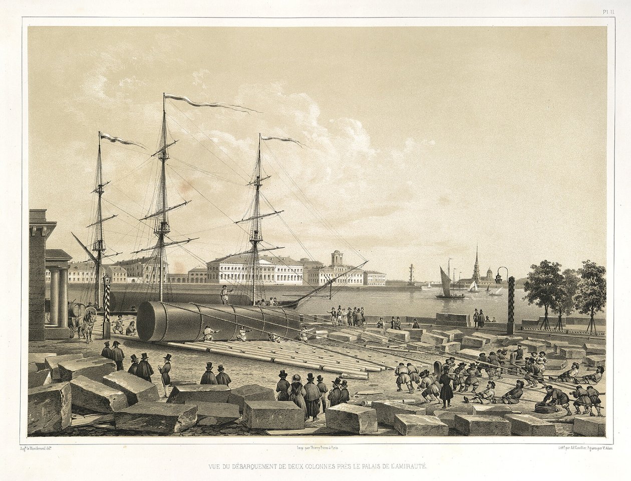 Két oszlop kirakása az Admiralitásnál innen: A Szent Izsák-székesegyház építése, 1845 alkotó: Auguste de Montferrand