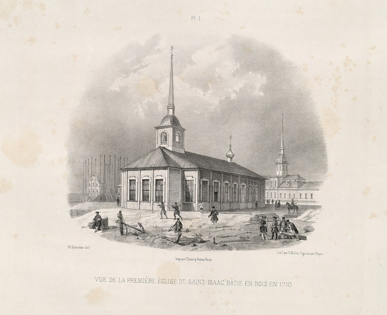 Kilátás az első első Szent Izsák-templomról 1710-ben. Innen: A Szent Izsák-székesegyház építése, 1845 alkotó: Auguste de Montferrand