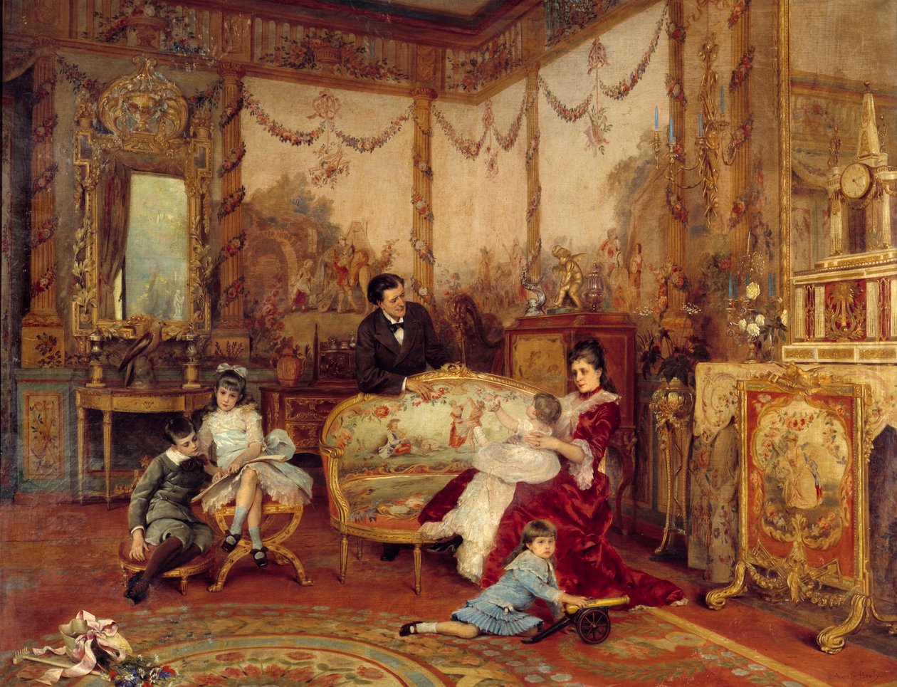 Victorian Sardou (1831-1908), drámaíró és gyermekei. Kilátás a kandalló előtti tűzhellyel rendelkező nappali belsejéből. Auguste La Brely (1838-1906) festménye alkotó: Auguste de la Brely