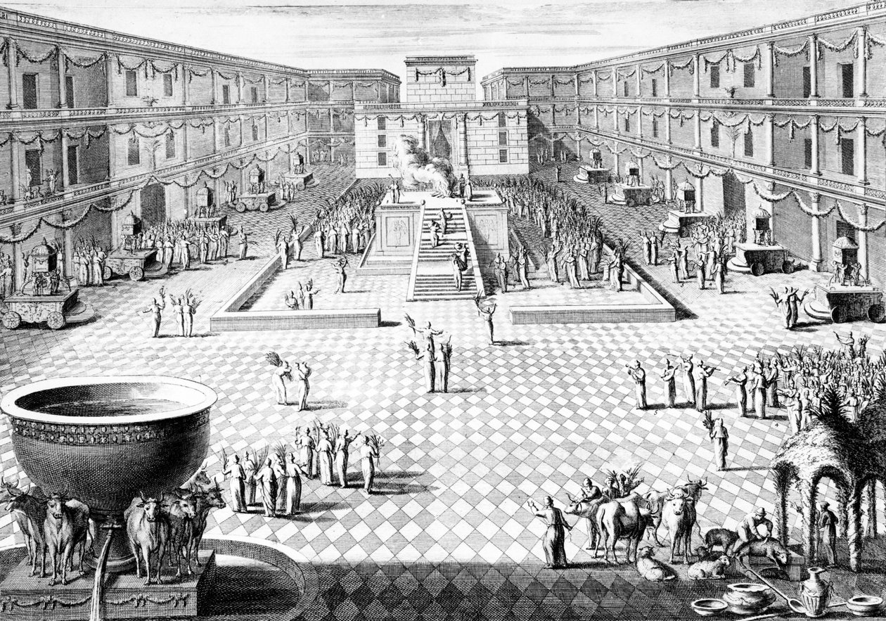 A Salamon templomban a szukoti zsidó ünnep utolsó napján (Hoshannah Raba) megtartott szertartások rekonstrukciója, illusztráció a Dictionnaire Historique de la Bible-ből, 1722 (en alkotó: Augustin Calmet