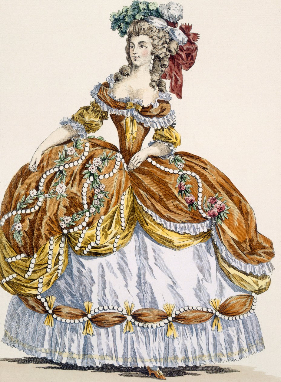 Nagy udvari ruha új stílusban, Dupin metszetével, 291-es tábla a „Galeries des Modes et Costumes Francais”-ból, 1778-87 körül alkotó: Augustin de Saint Aubin