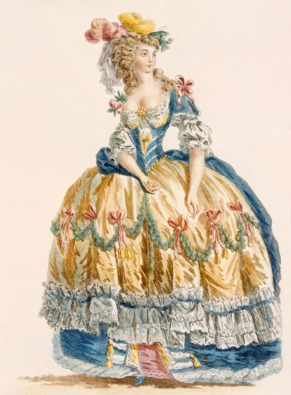 Hölgy díszes báli ruhája, Dupin metszete, a "Galeries des Modes et Costumes Francais"-ból, 1778-87 körül. alkotó: Augustin de Saint Aubin