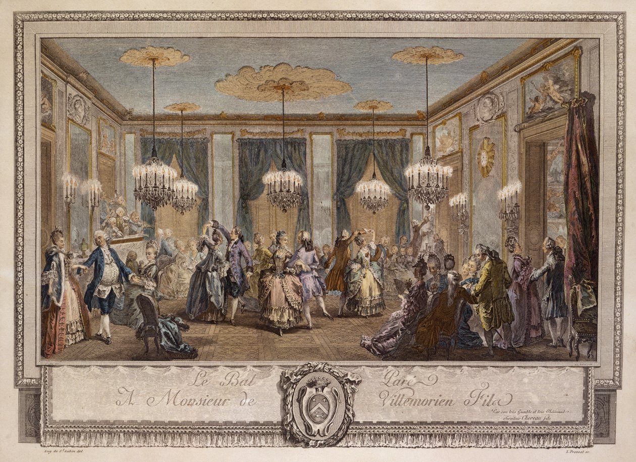 Le Bal Pare a Monsieur de Villemorien Fila, L. Provost metszet (kézzel színezett metszet) alkotó: Augustin de Saint Aubin