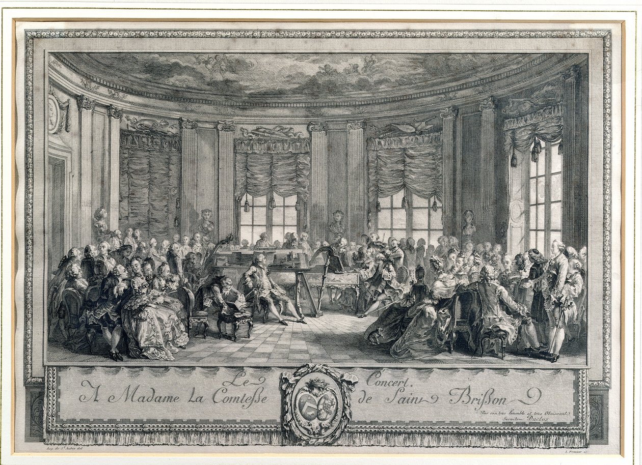 A koncert a Saint Brisson grófnő házában, L. Provost metszete alkotó: Augustin de Saint Aubin