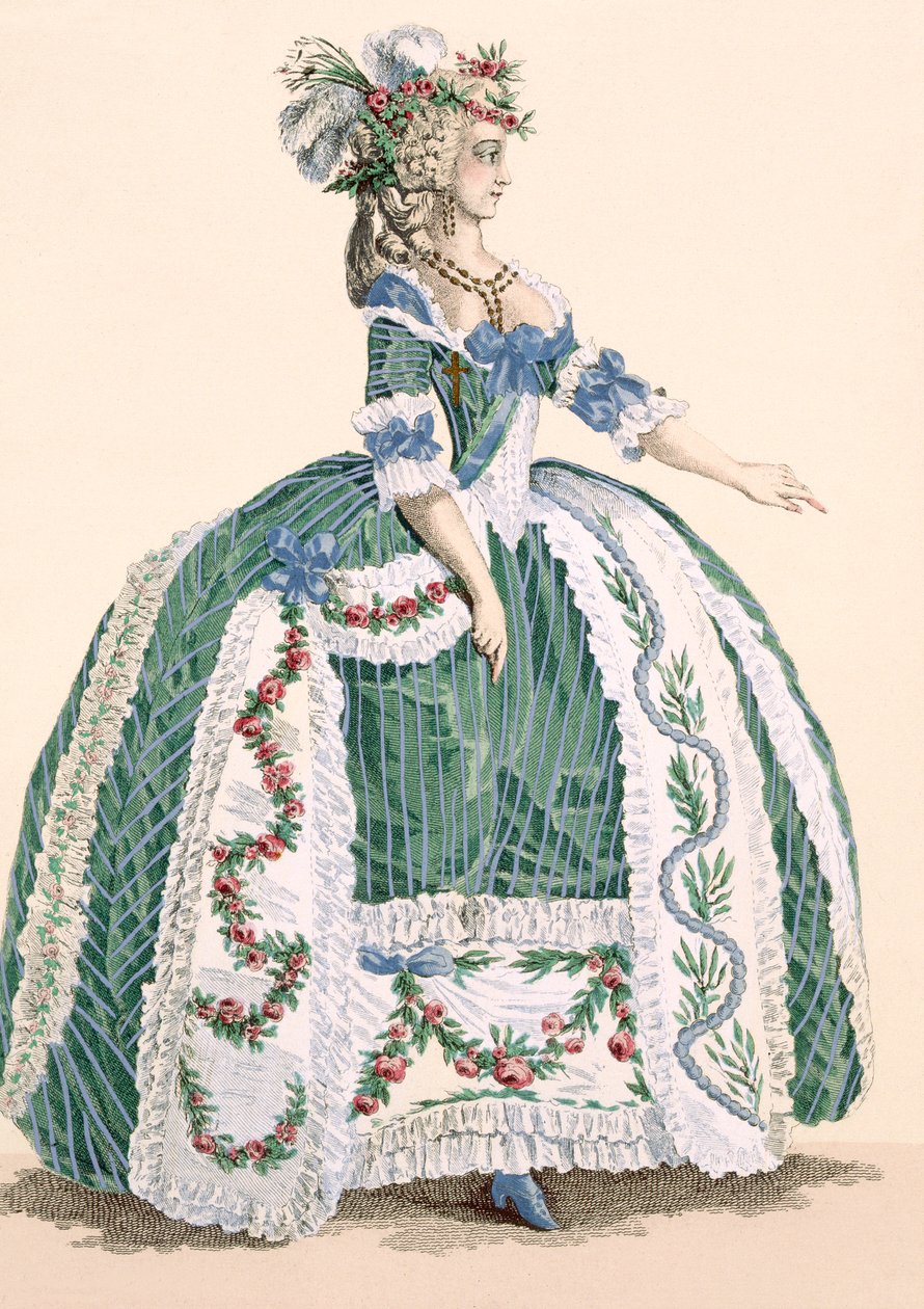 Kidolgozott királyi udvari ruha, Dupin metszetével, 272. számú tábla a „Galeries des Modes et Costumes Francais”-ból, 1778-87 99: ruházat; tradicionális öltözet; népviselet; divat alkotó: Augustin de Saint Aubin