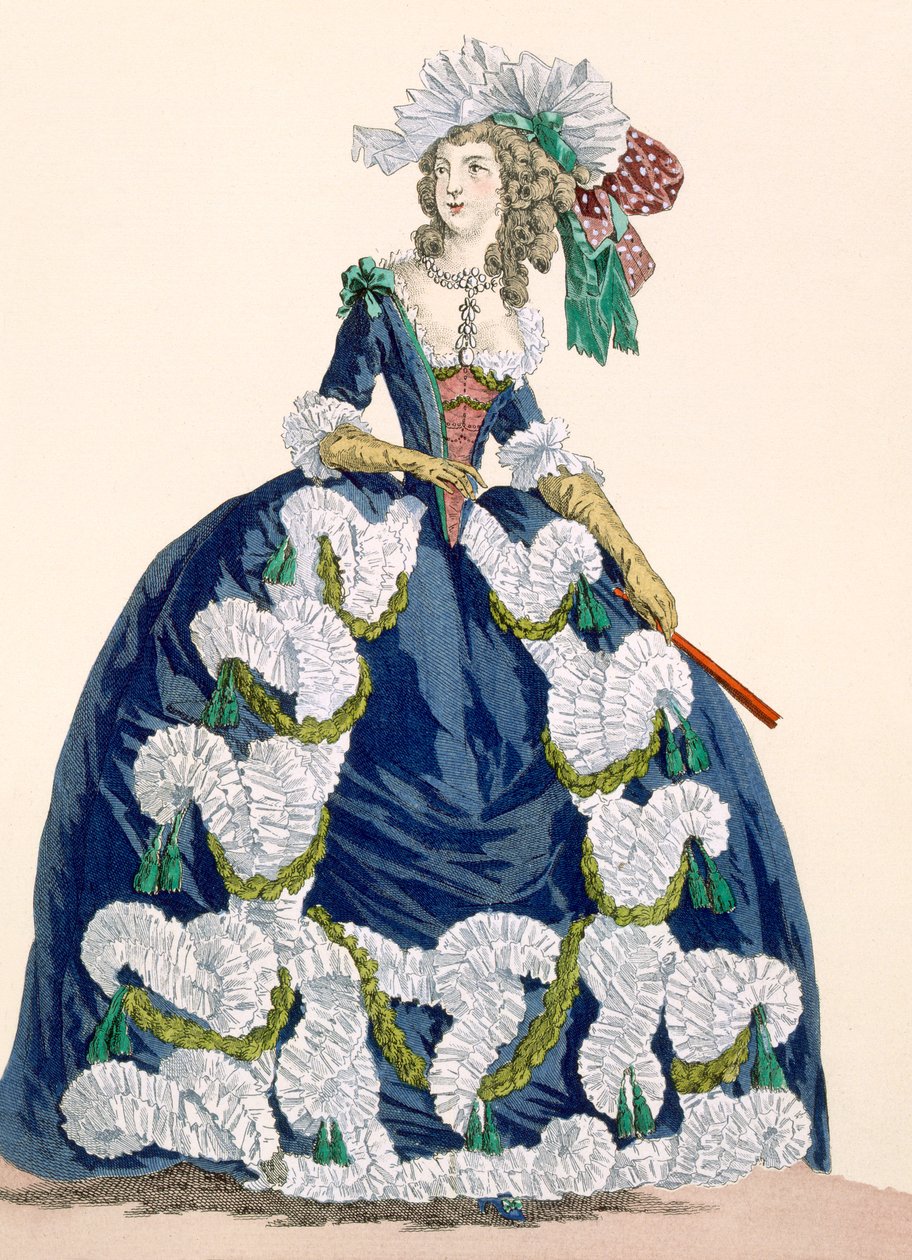 Elaborate royal court dress in navy blue with luxuriant white frill design, engraved by Dupin, plate no.277 from 
