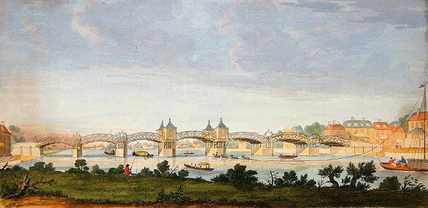 A Temzén átívelő Hampton Court híd perspektivikus nézete, metszett: Charles Grignion (1717-1810) 1754 körül (színes metszet) alkotó: Augustin (after) Heckel