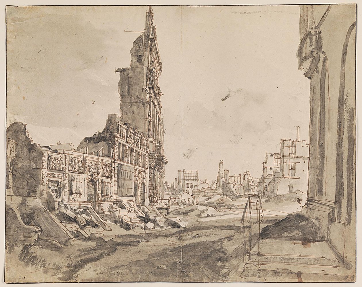 Kilátás a Grand Place északkeleti és északnyugati sarkára az 1695-ös bombázás után alkotó: Augustin Coppens