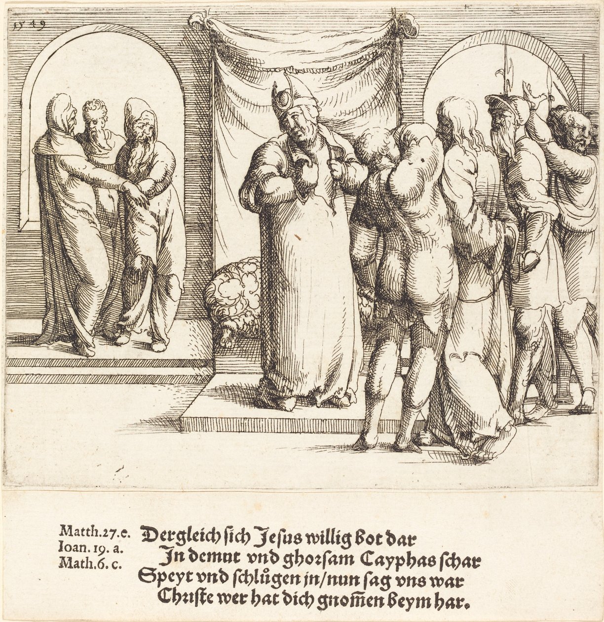 Krisztust kigúnyolják, és Kajafás megszaggatja ruháit, 1549. alkotó: Augustin Hirschvogel