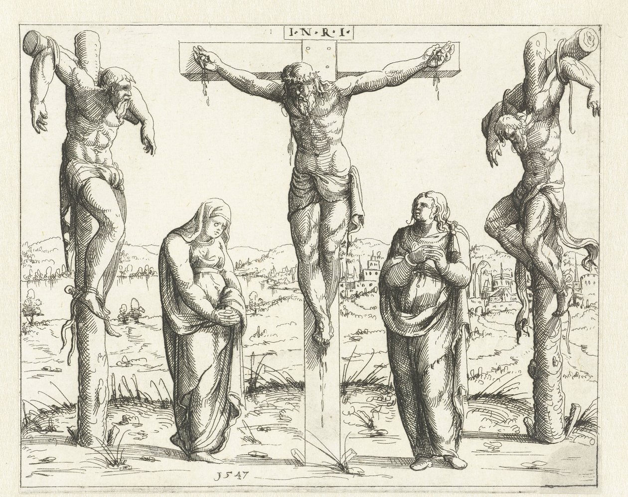 Krisztus a kereszten és Mária és János Keresztre feszítés Ó- és Újszövetségi konkordancia (sorozat címe) Concordants alt un news Testaments (sorozat címe) alkotó: Augustin Hirschvogel