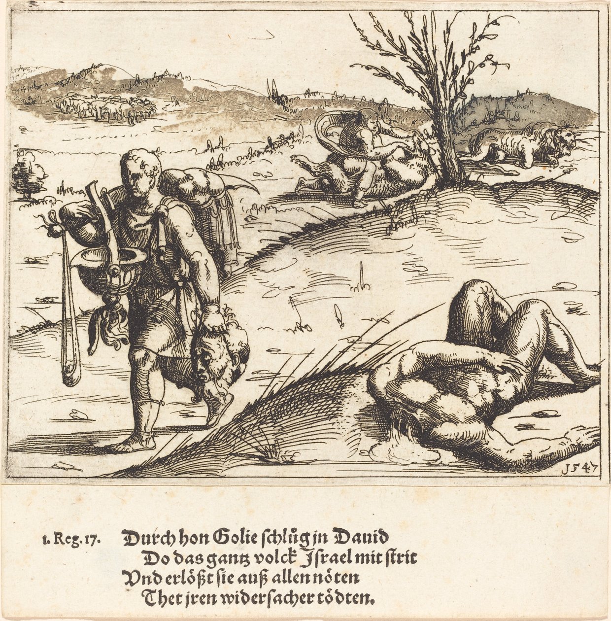 Dávid lefejezi Góliátot alkotó: Augustin Hirschvogel