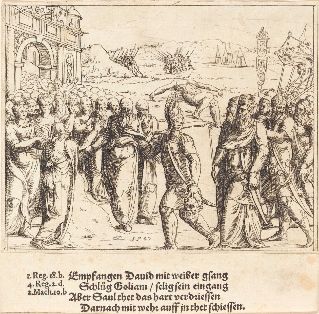 Dávidot üdvözlik Góliát megölése és Saul féltékenysége, 1547 után. alkotó: Augustin Hirschvogel