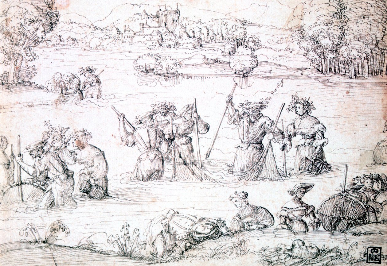 Horgászat az esőben, c1513-1553 alkotó: Augustin Hirschvogel