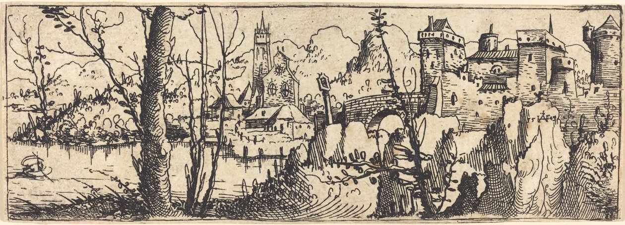 Táj a várral jobbra, sziklákkal körülvéve, 1546. alkotó: Augustin Hirschvogel