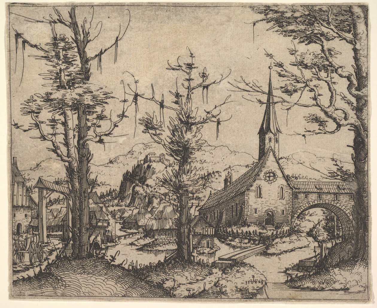 Táj négy fával és egy templommal jobbra, 1545. alkotó: Augustin Hirschvogel
