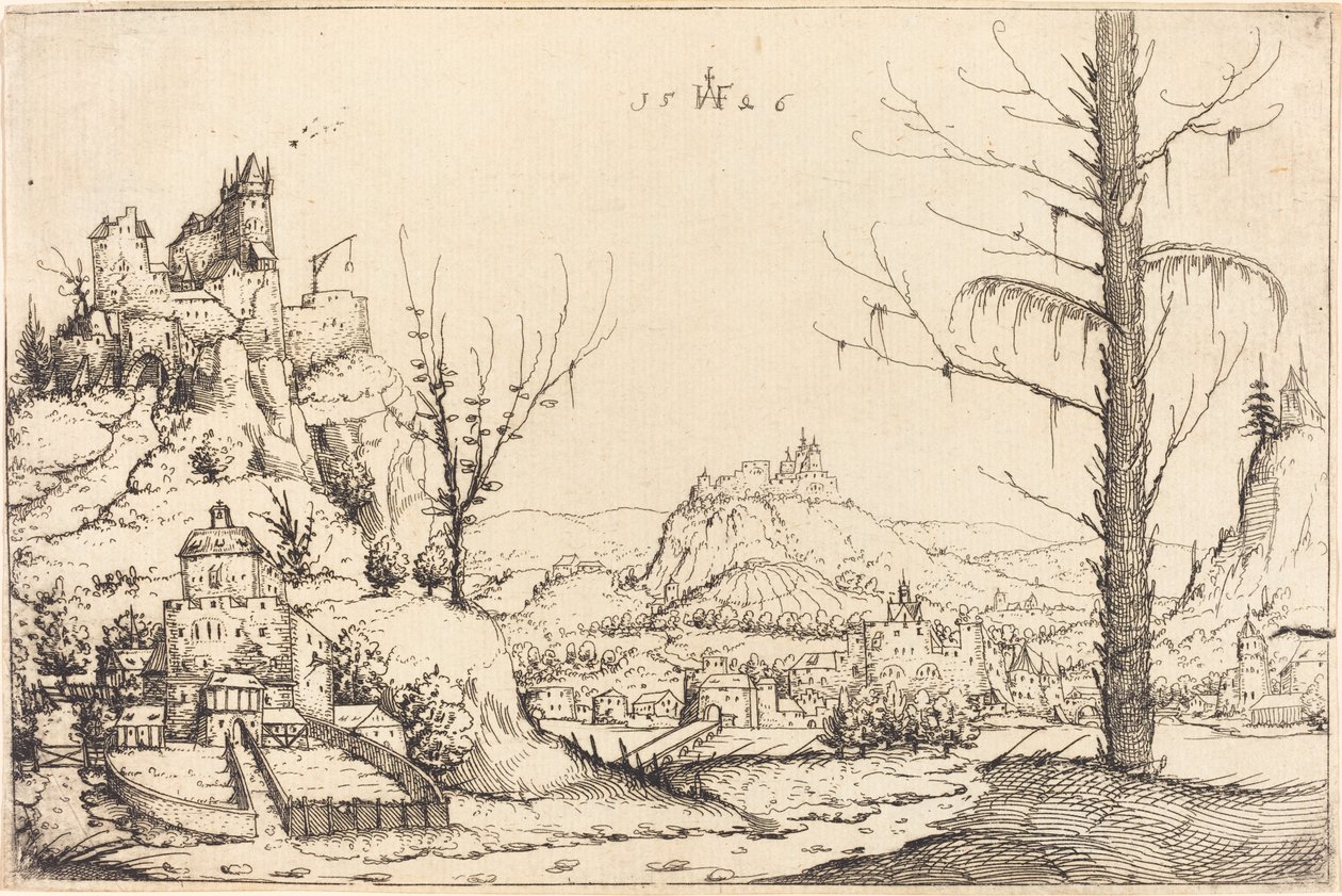 Táj magas sziklákkal, folyóval és várossal, 1546. alkotó: Augustin Hirschvogel
