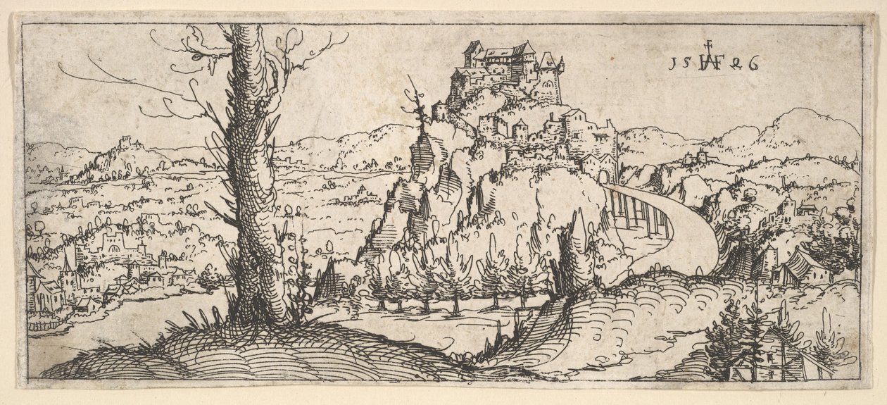 Táj magas sziklákkal és erődökkel, 1546. alkotó: Augustin Hirschvogel