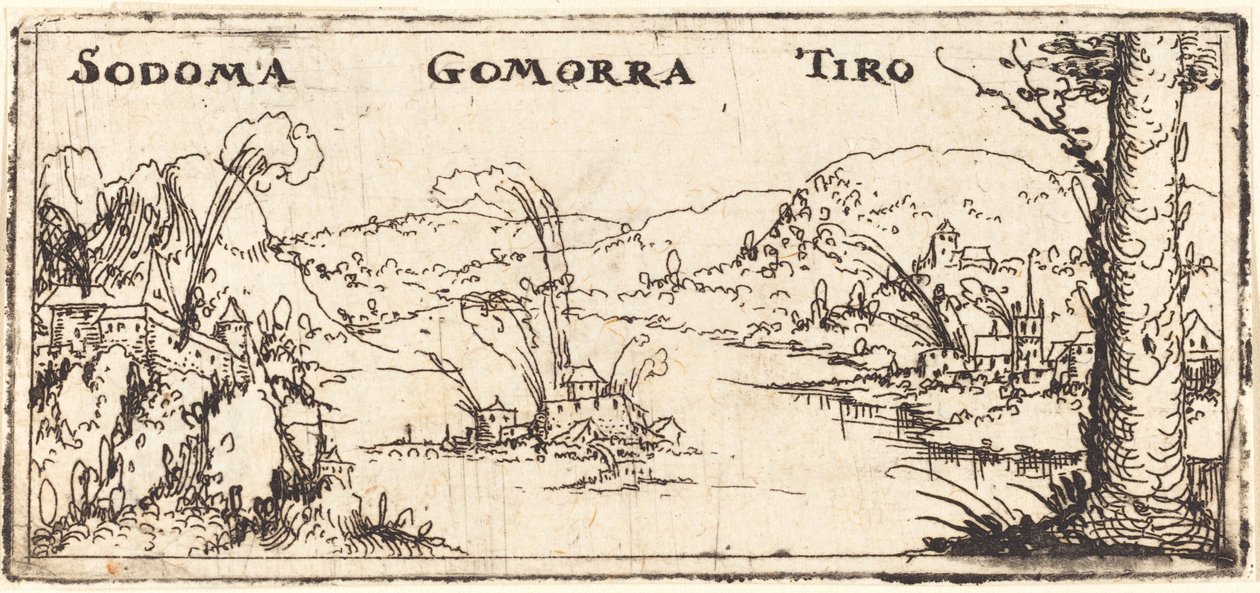 Táj három égő várossal: Szodoma, Gomorra és Tyrus alkotó: Augustin Hirschvogel