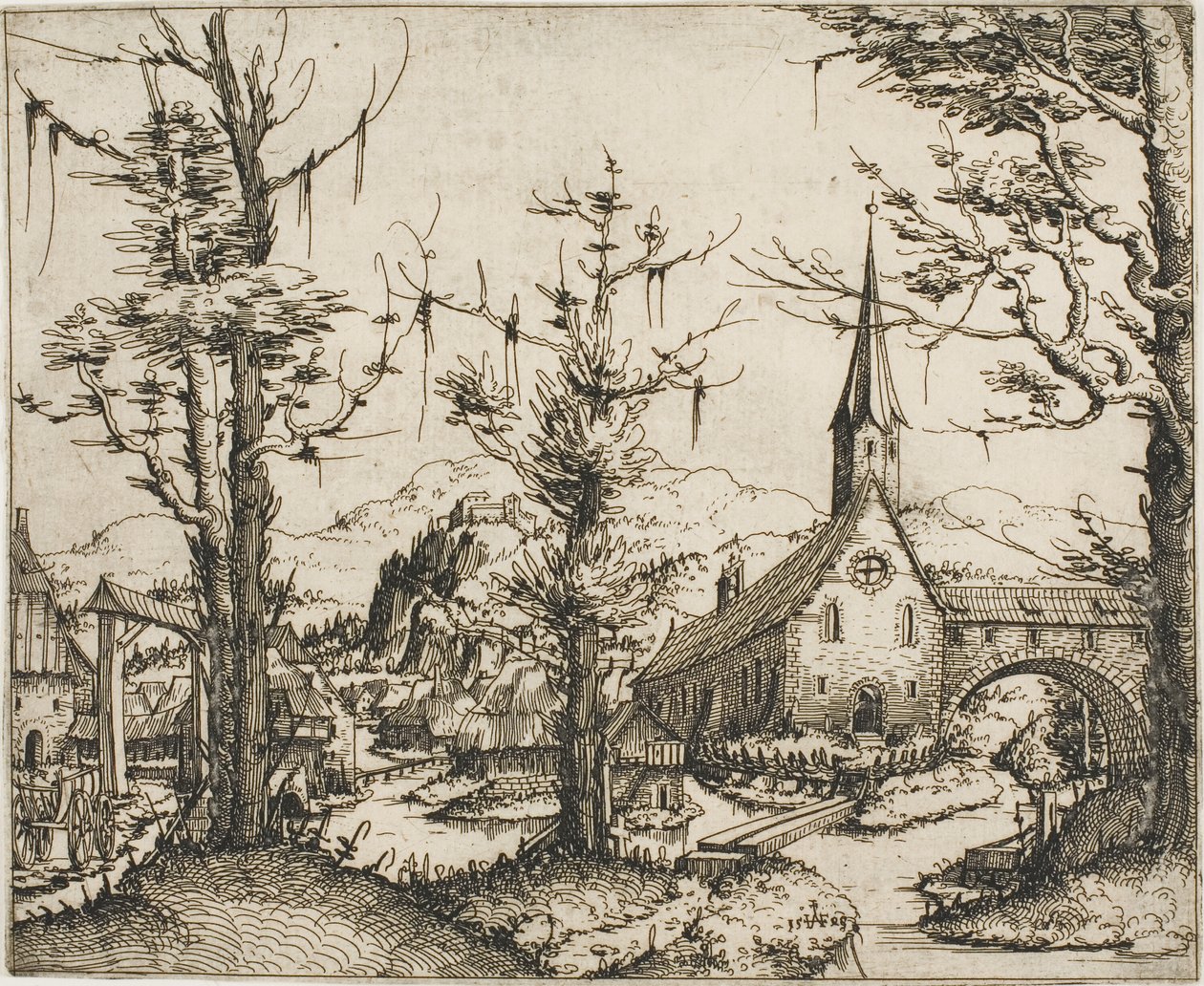 Táj templommal és fedett híddal alkotó: Augustin Hirschvogel