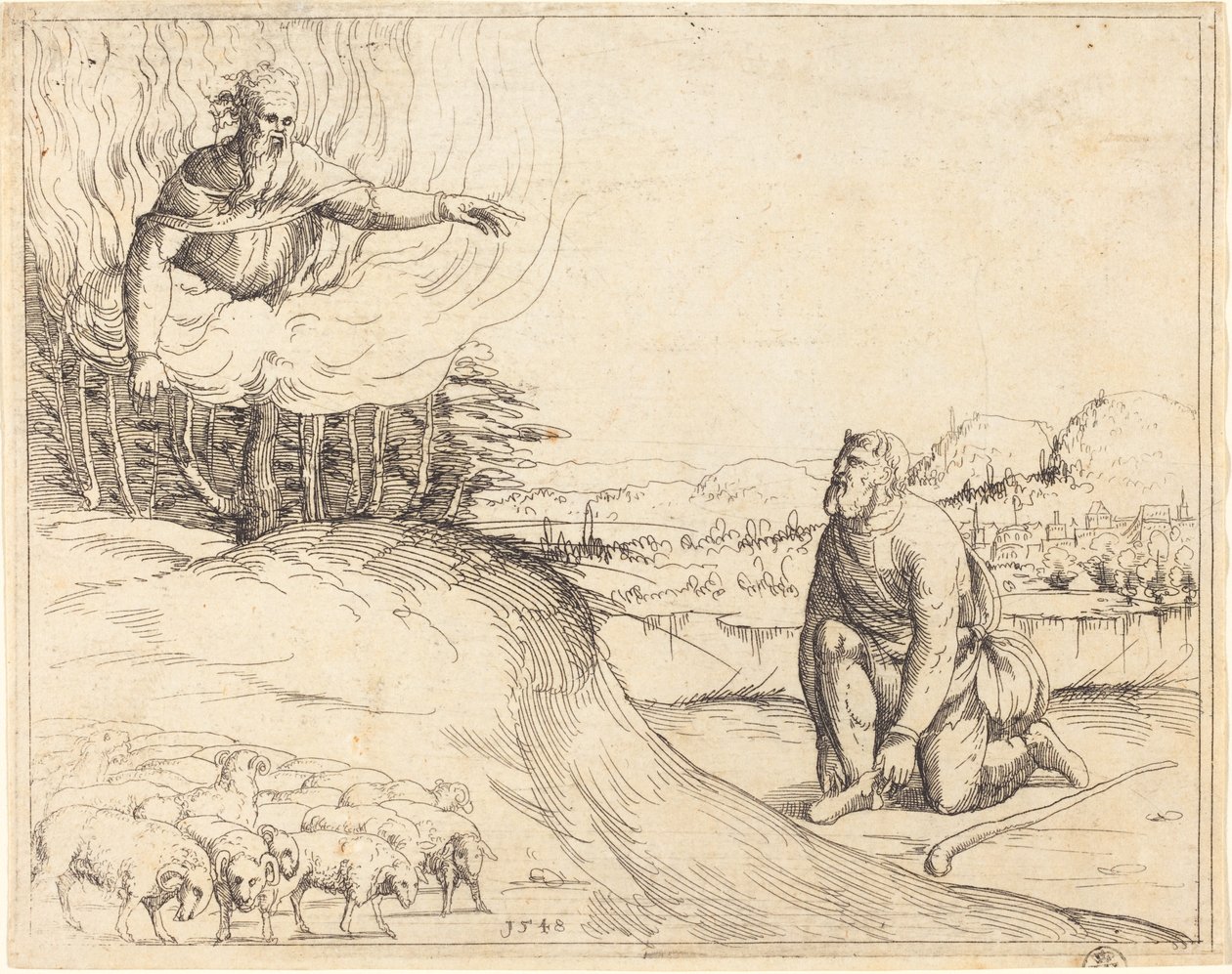 Mózes és az égő bokor, 1548. alkotó: Augustin Hirschvogel