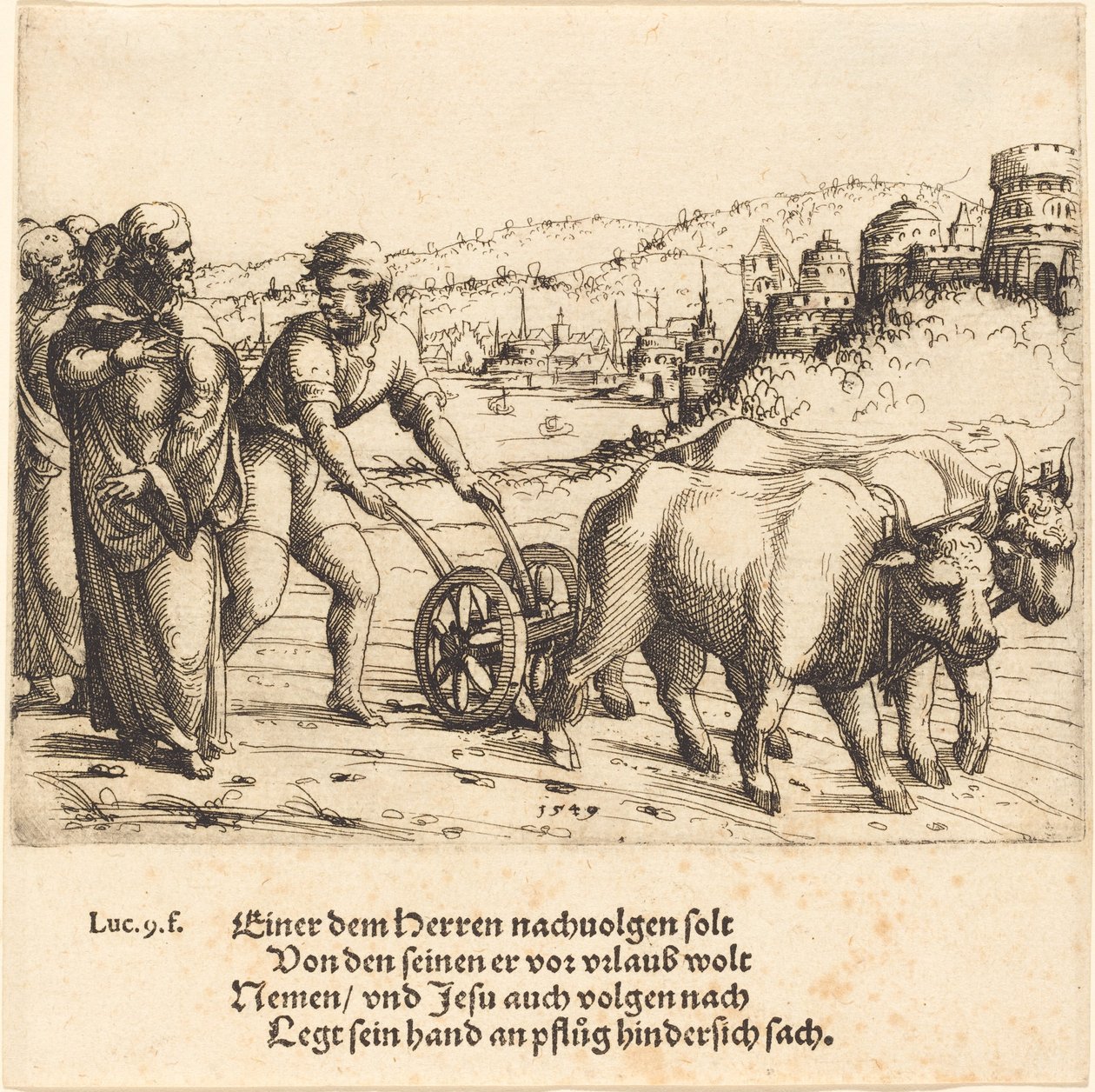 Senki sem Krisztus követője, aki az ekére teszi a kezét és hátranéz, 1549. alkotó: Augustin Hirschvogel