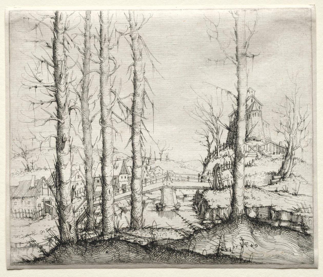 Folyói táj öt csupasz lucfával az előtérben, 1549. alkotó: Augustin Hirschvogel