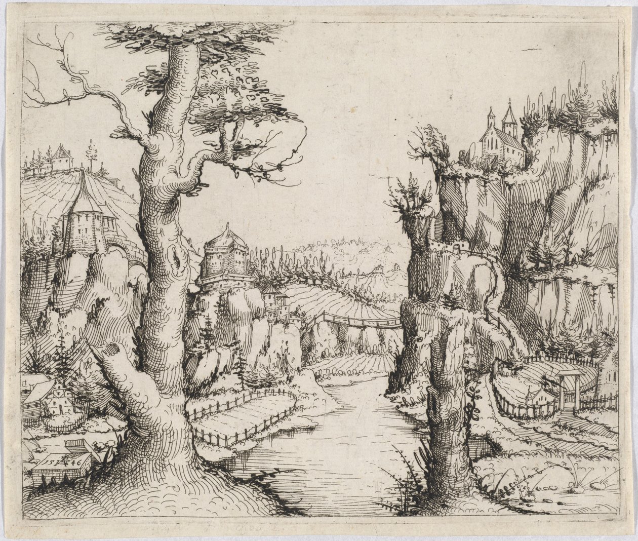 Folyói táj magas sziklákkal, 1546. alkotó: Augustin Hirschvogel