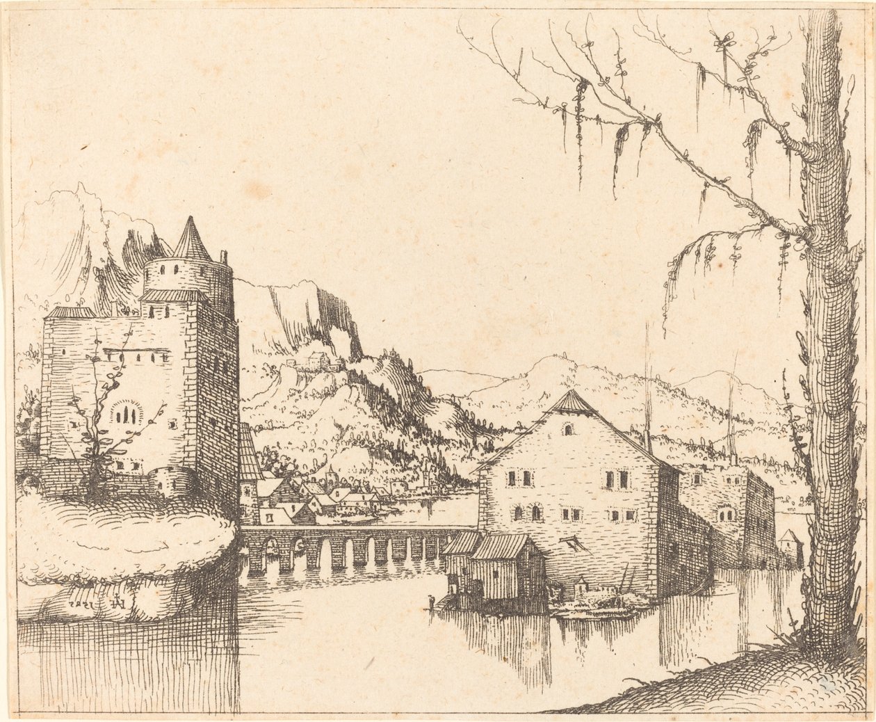 Folyói táj szigeti házakkal, 1545. alkotó: Augustin Hirschvogel