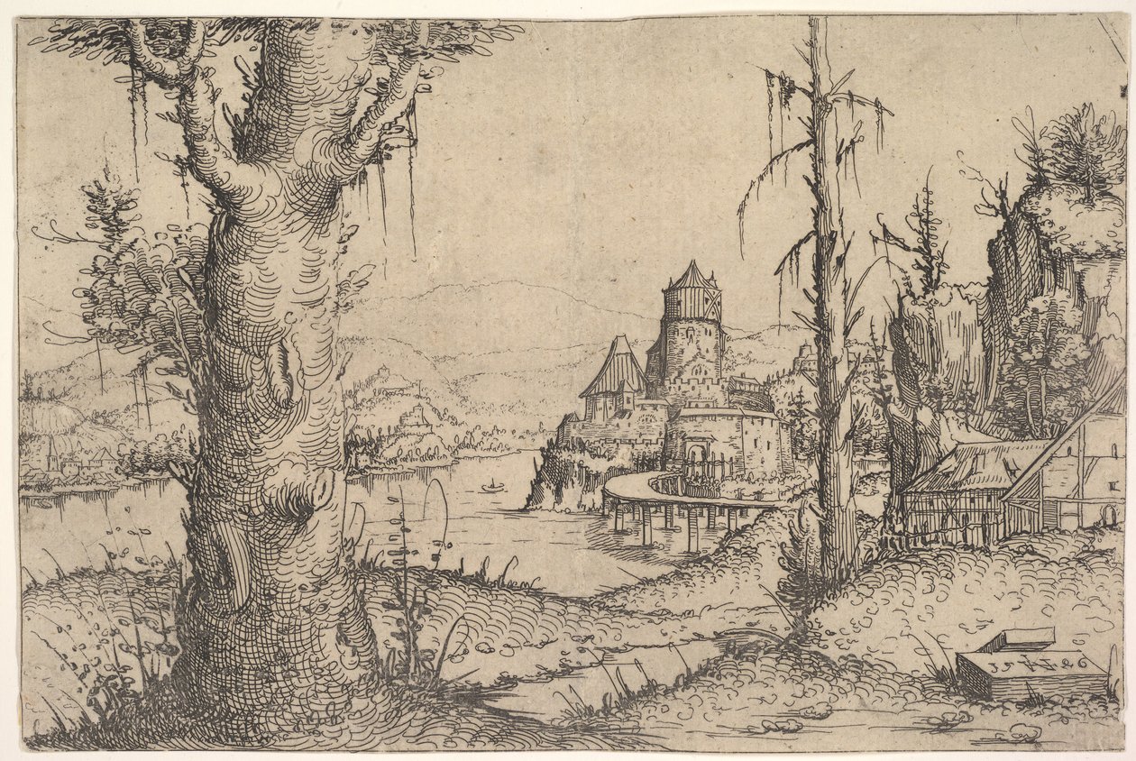 Folyói táj nagy fával balra, 1546. alkotó: Augustin Hirschvogel