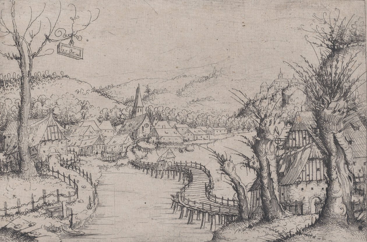 Folyói táj három csupasz fűzfával jobbra és egy hosszú kanyargós fahíddal ..., 1546. alkotó: Augustin Hirschvogel