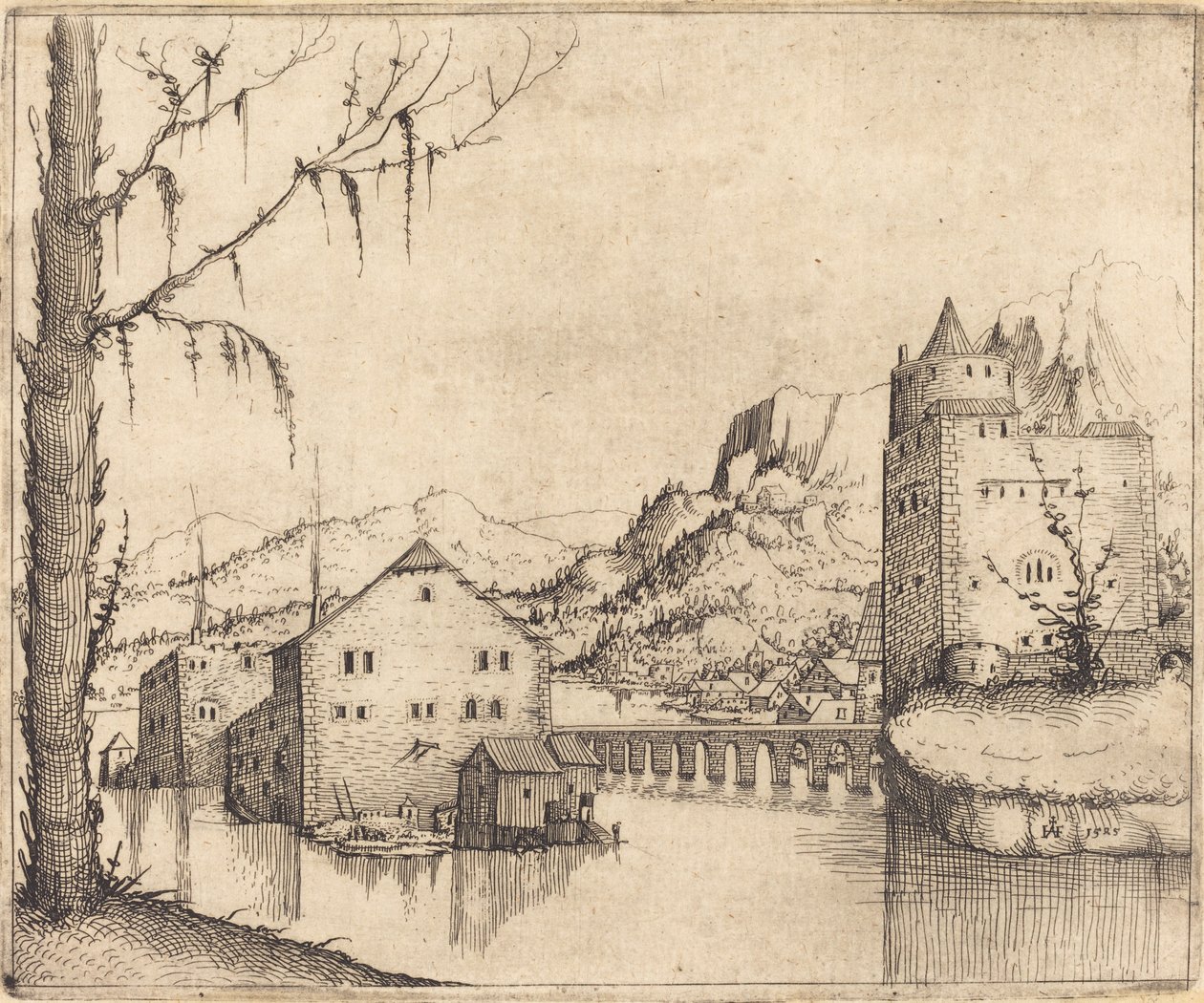 Folyói táj két épülettel, 1545. alkotó: Augustin Hirschvogel
