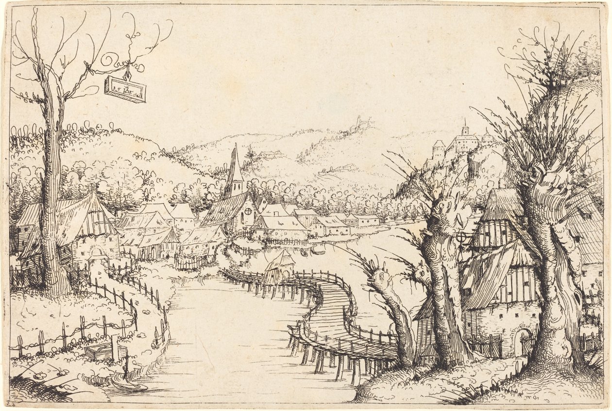 Folyói táj fahíddal, 1546. alkotó: Augustin Hirschvogel