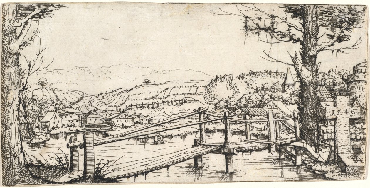 Folyói táj gyaloghíddal, 1546. alkotó: Augustin Hirschvogel