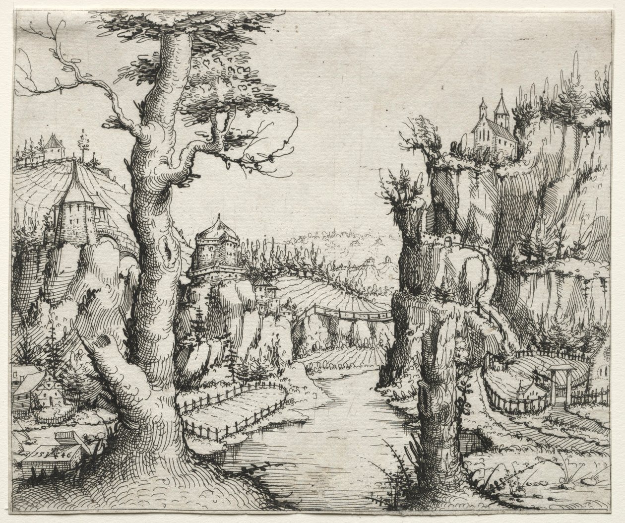 Folyói táj sziklákkal bal oldalon ana jobb oldalon, 1546. alkotó: Augustin Hirschvogel