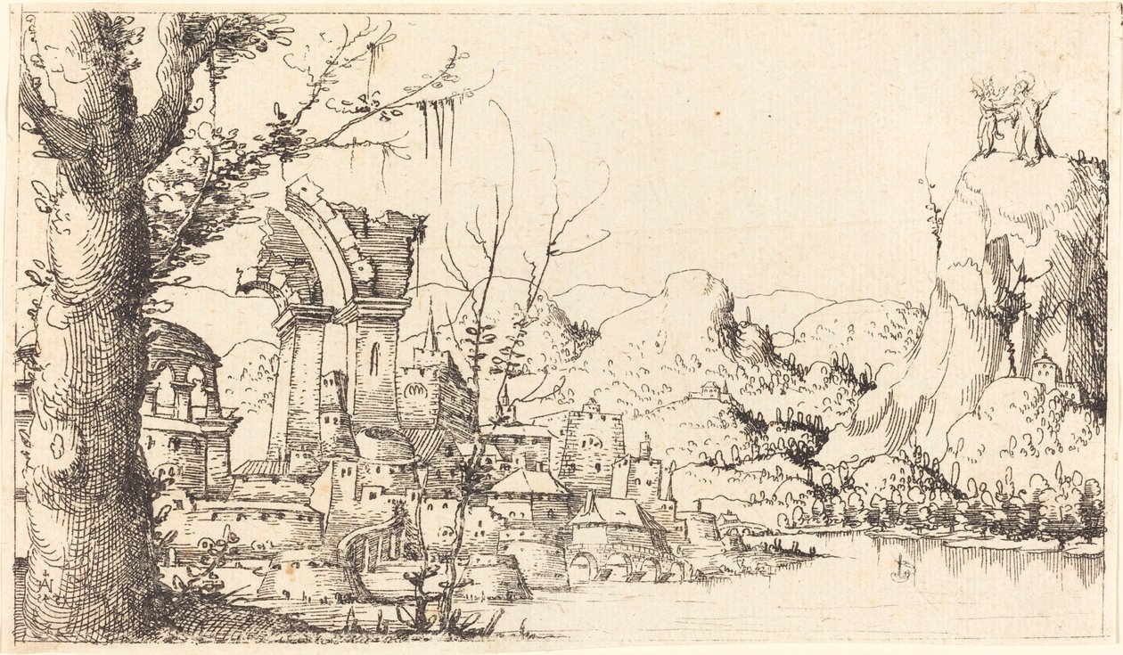 Folyói táj Krisztus megkísértésével, 1545. alkotó: Augustin Hirschvogel