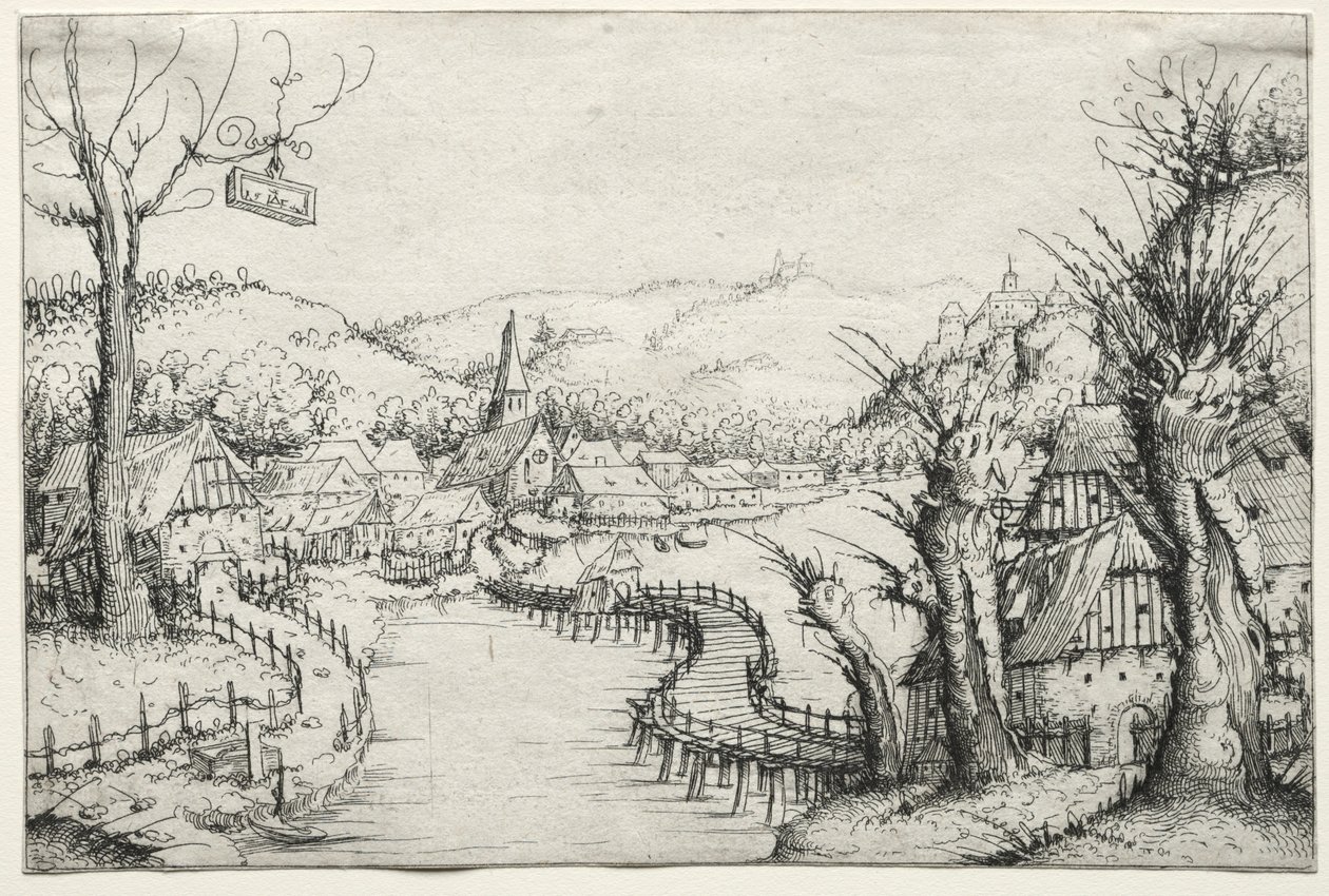 Folyói táj jobbról három csupasz fűzfával és egy hosszú kanyargós fahíddal..., 1546. alkotó: Augustin Hirschvogel