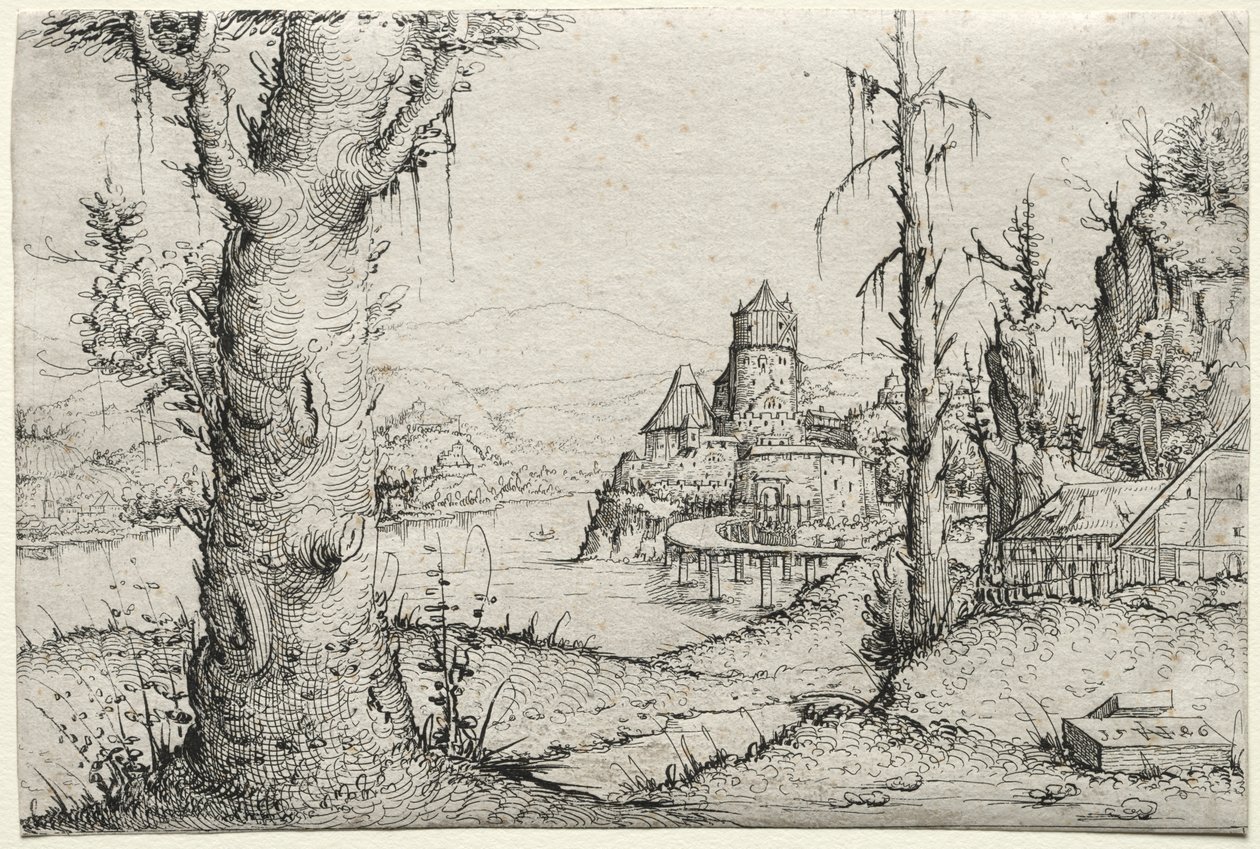 Folyói táj bal oldalon nagy fával, 1546. alkotó: Augustin Hirschvogel