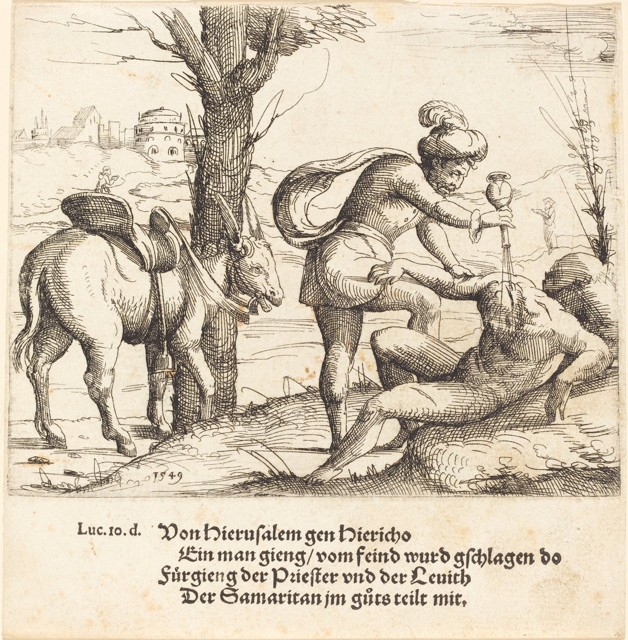 Példabeszéd az irgalmas szamaritánusról, 1549. alkotó: Augustin Hirschvogel