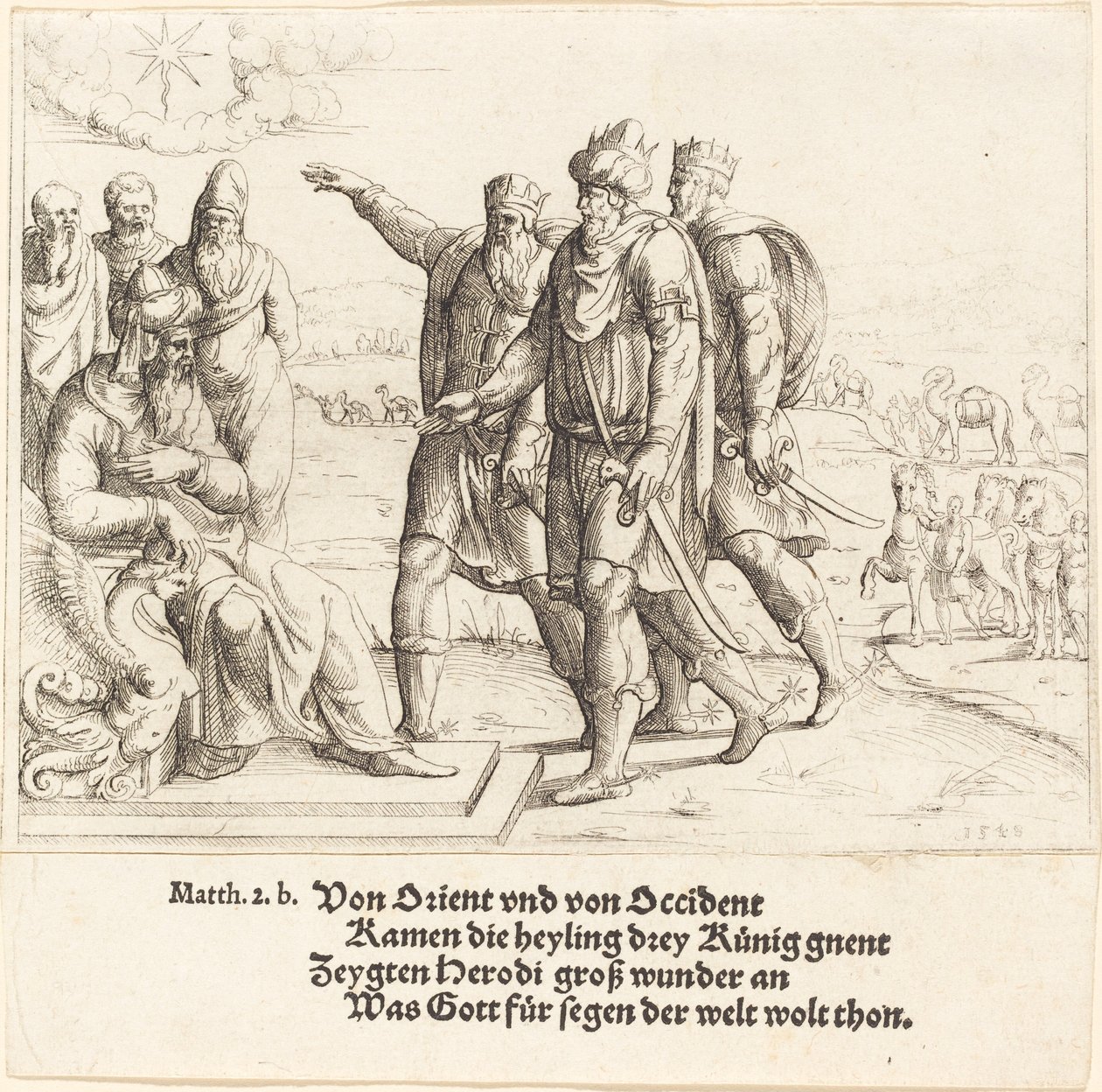 A három királyok elmondják Heródesnek Krisztus születését, 1549. alkotó: Augustin Hirschvogel