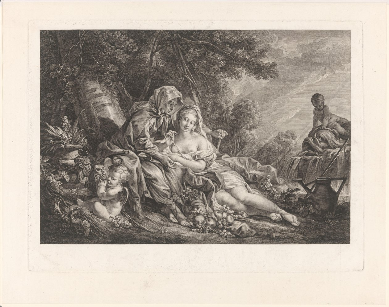Vertumnus és Pomona egy parkban alkotó: Augustin de Saint-Aubin